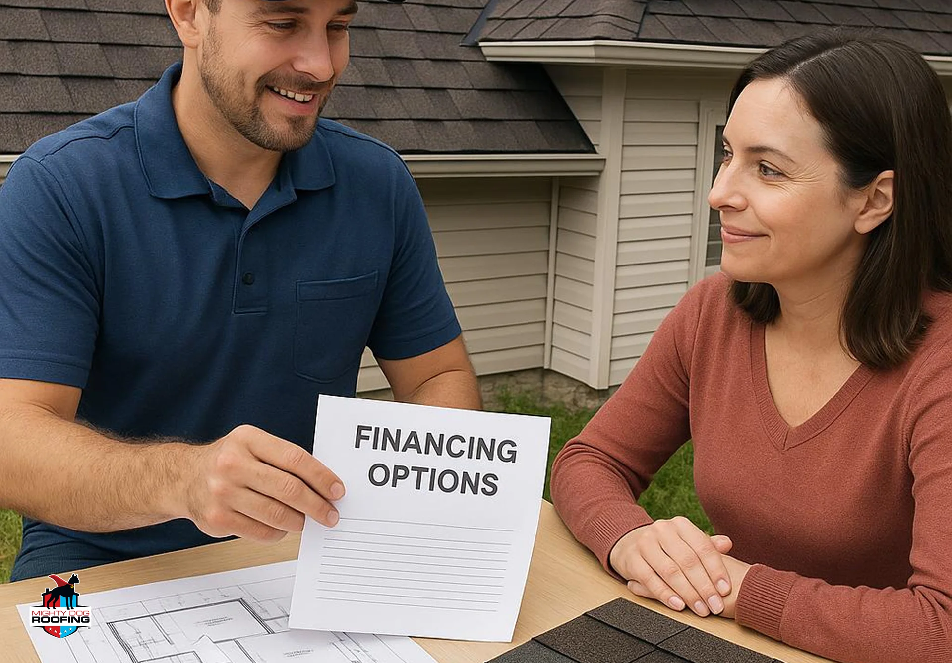 Roof contractor discussing financing terms with a homeowner