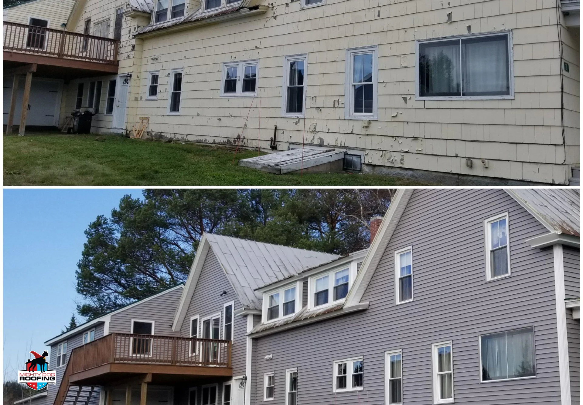 Before-and-after comparison of a two-story home with old siding replaced by new siding