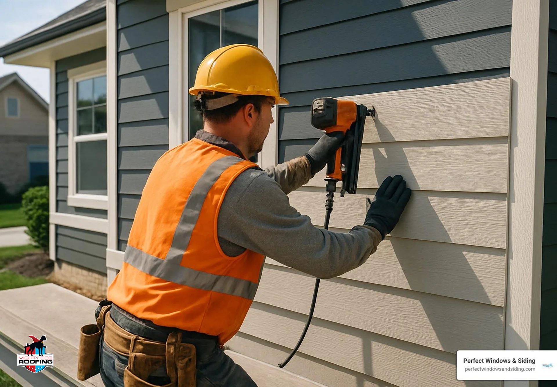 Contractor in a hard hat and safety vest installing James Hardie siding on a home in Wayne, PA