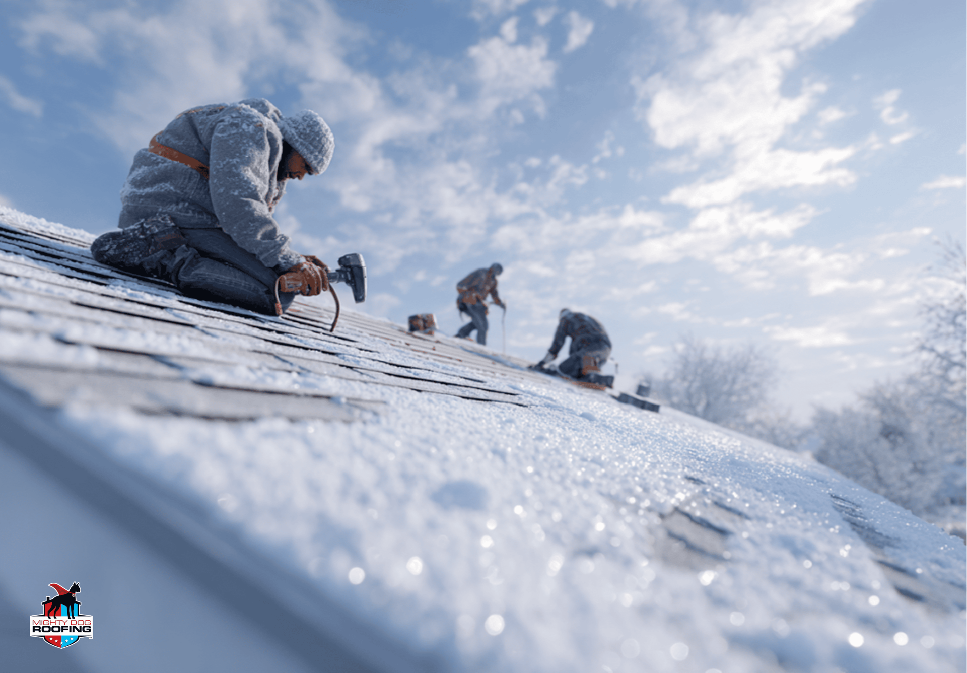Licensed roofer assessing winter roof damage