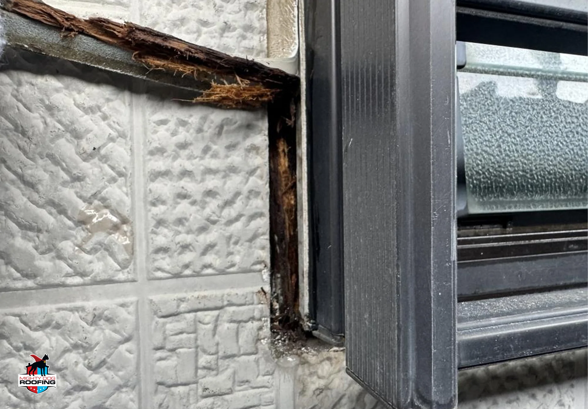 Rotted wood trim around a window frame from long-term moisture damage