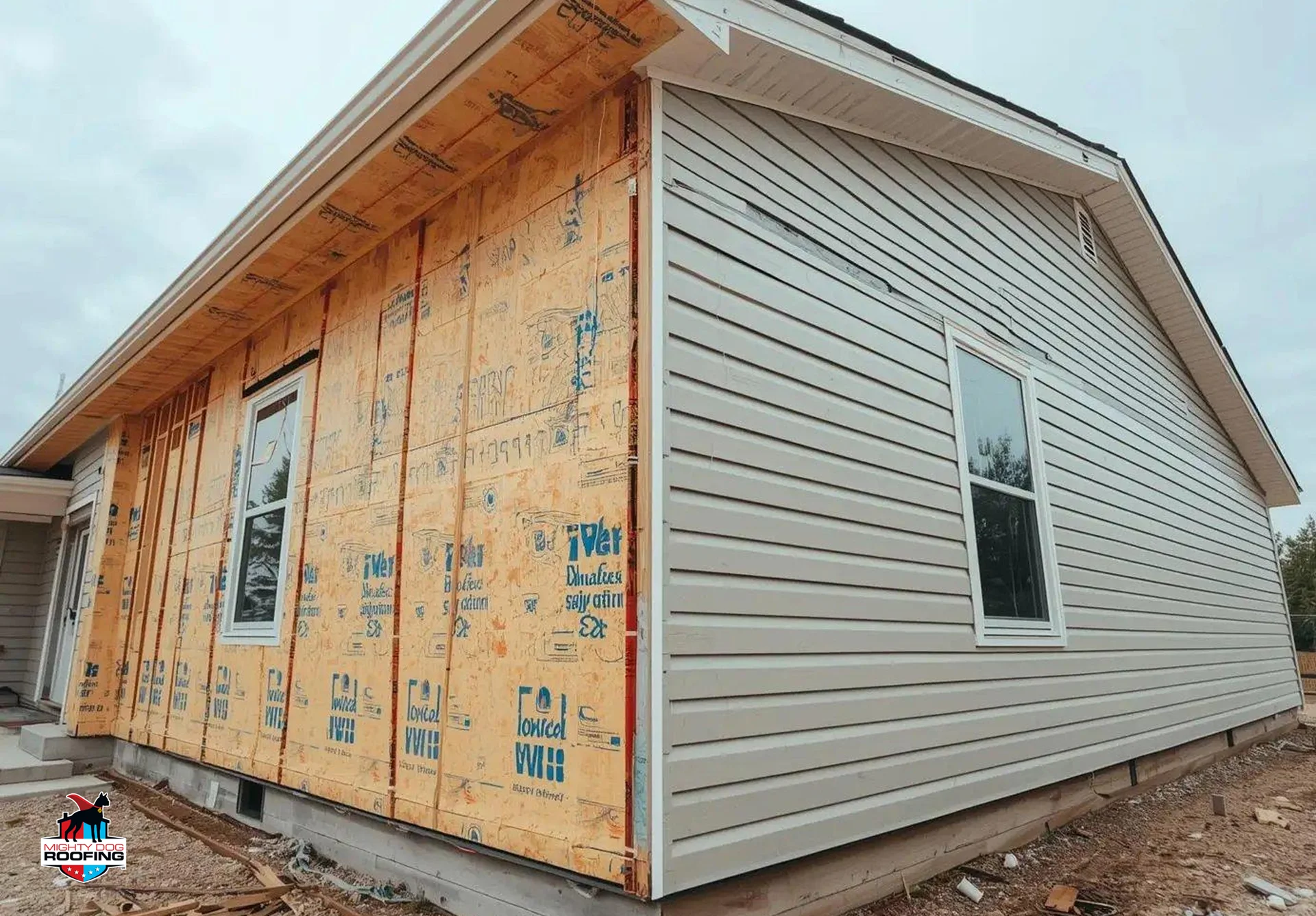 Exposed wall sheathing behind new white vinyl siding during installation