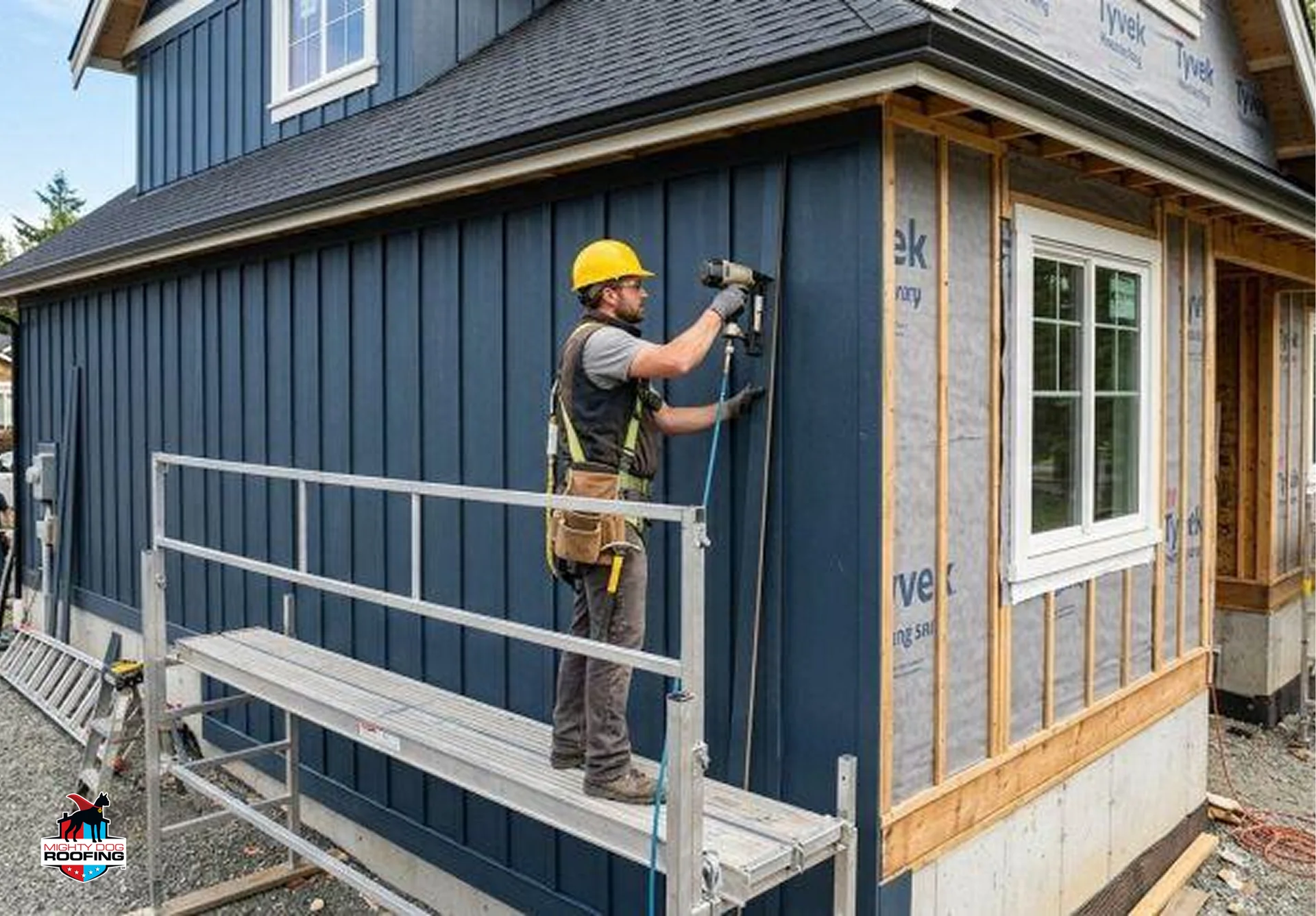 Installer on scaffolding putting up dark blue James Hardie board and batten siding on a farmhouse