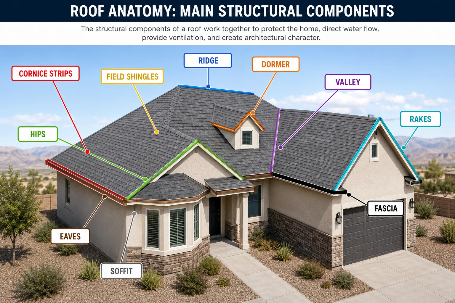 The structural components of a roof work together to protect the home, direct water flow, provide ventilation, and create architectural character.